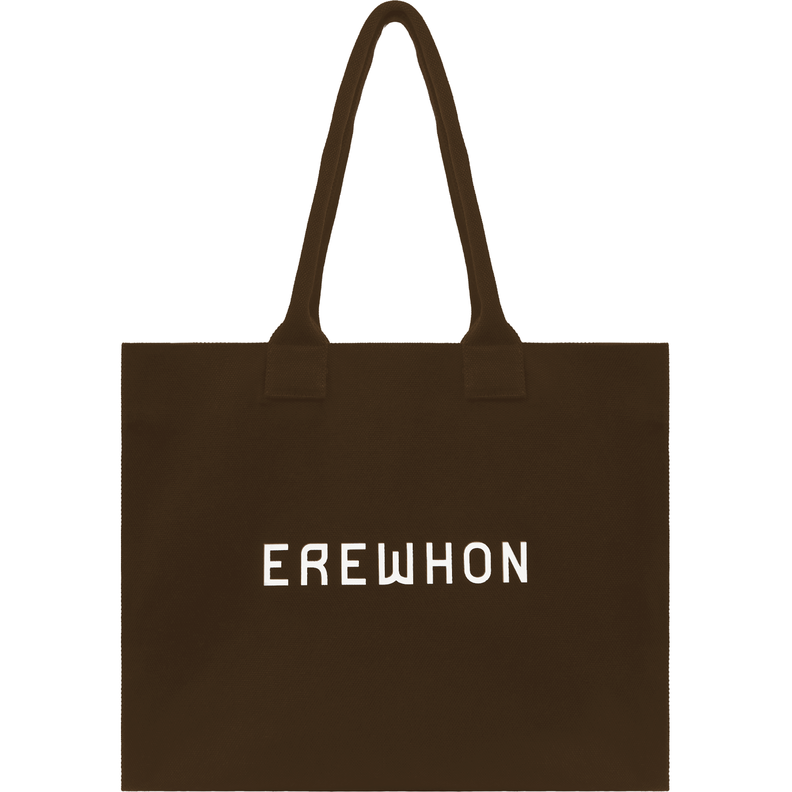 A brown Erewhon traveler tote bag with the brand name 'EREWHON' printed in white on the front.