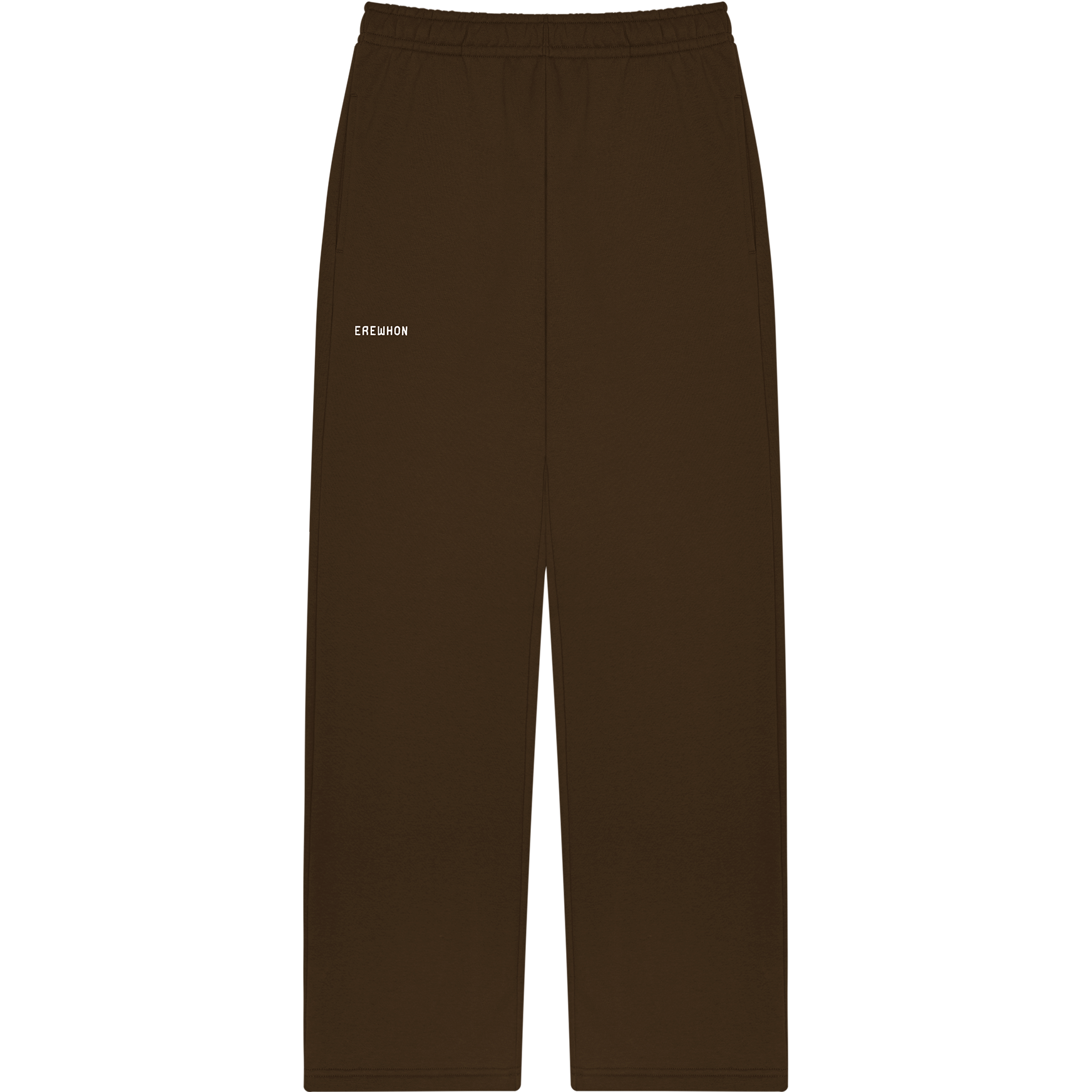 A pair of brown Erewhon sweatpants with side seam pockets and an elastic waistband.