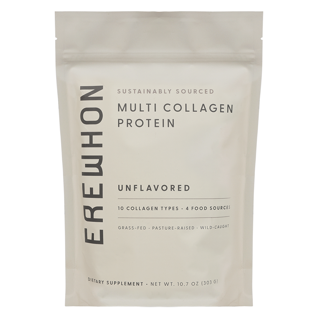 A package of Erewhon Multi Collagen Protein, sustainably sourced, unflavored, in a white bag with black and green text.