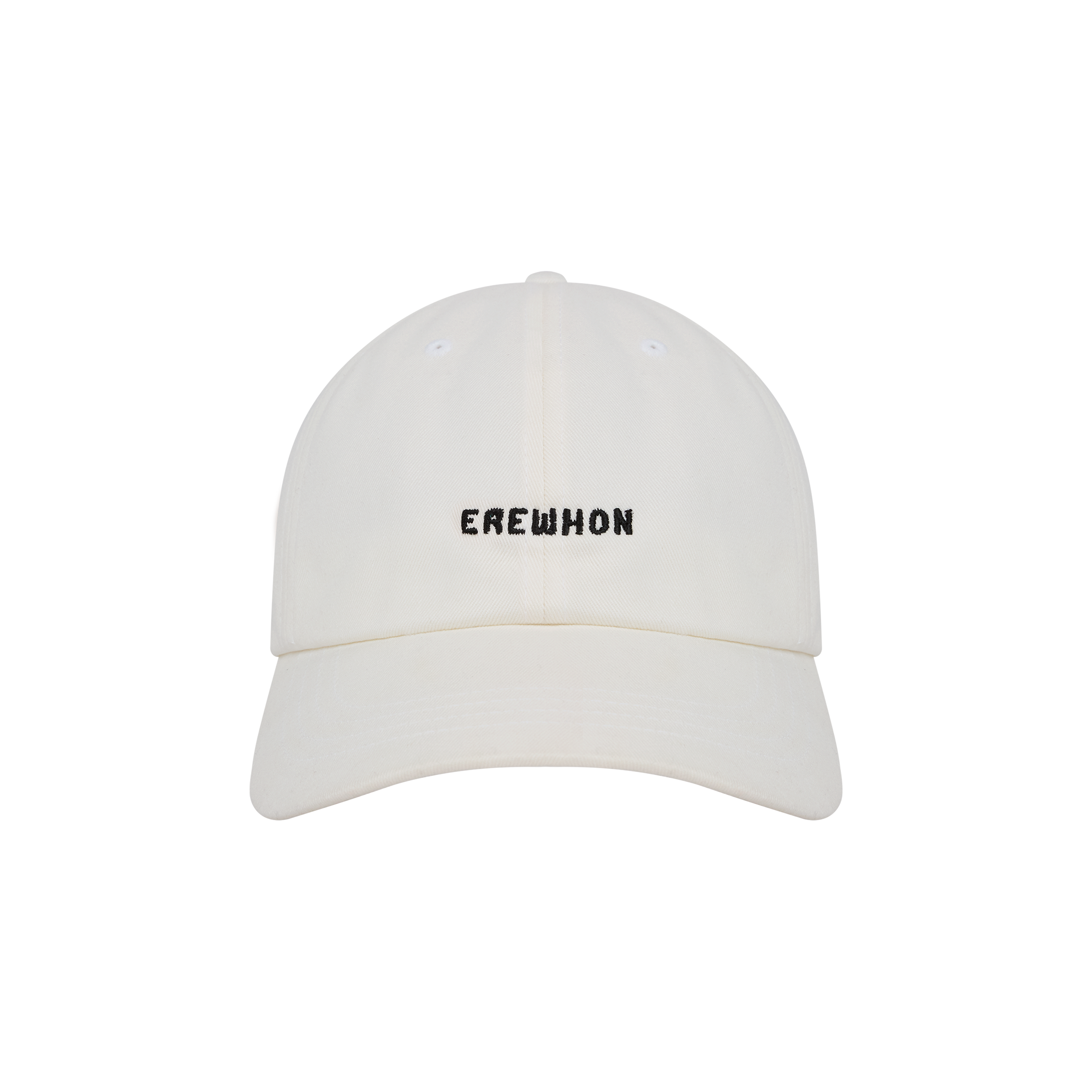 A white Erewhon dad hat with the brand name 'EREWHON' embroidered on the front.